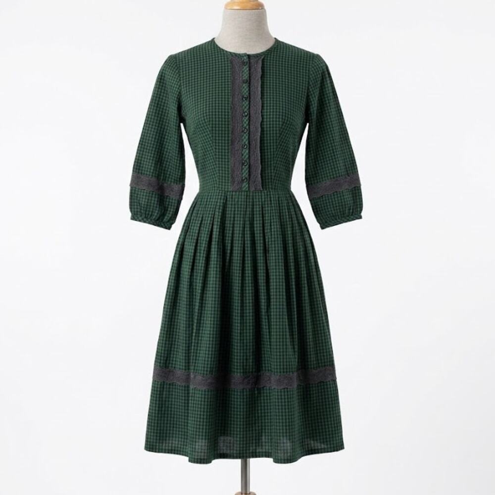 VTG 70s Vicky Vaughn Green Navy Gingham Prairie Dress Lace Trim XS Cottagecore